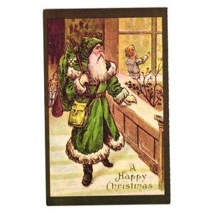 Oldtime Ecology Happy Christmas Postcard Santa In Green Coat Recycled Holiday